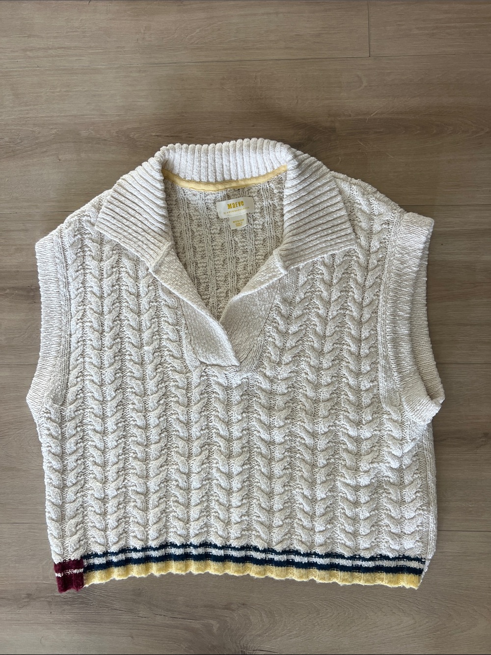 Anthropologie Cream Cable-Knit Sleeveless V-Neck Sweater Vest with Striped Hem